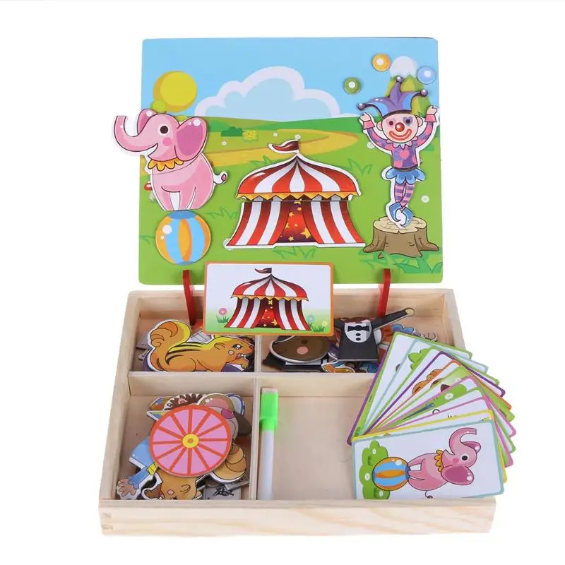Деревянная головоломка для детей, обучающая доска для рисования, игрушка 100+ шт, деревянная магнитная головоломка, фигурка/Животные/транспортное средство/цирковая доска для рисования - Цвет: Синий