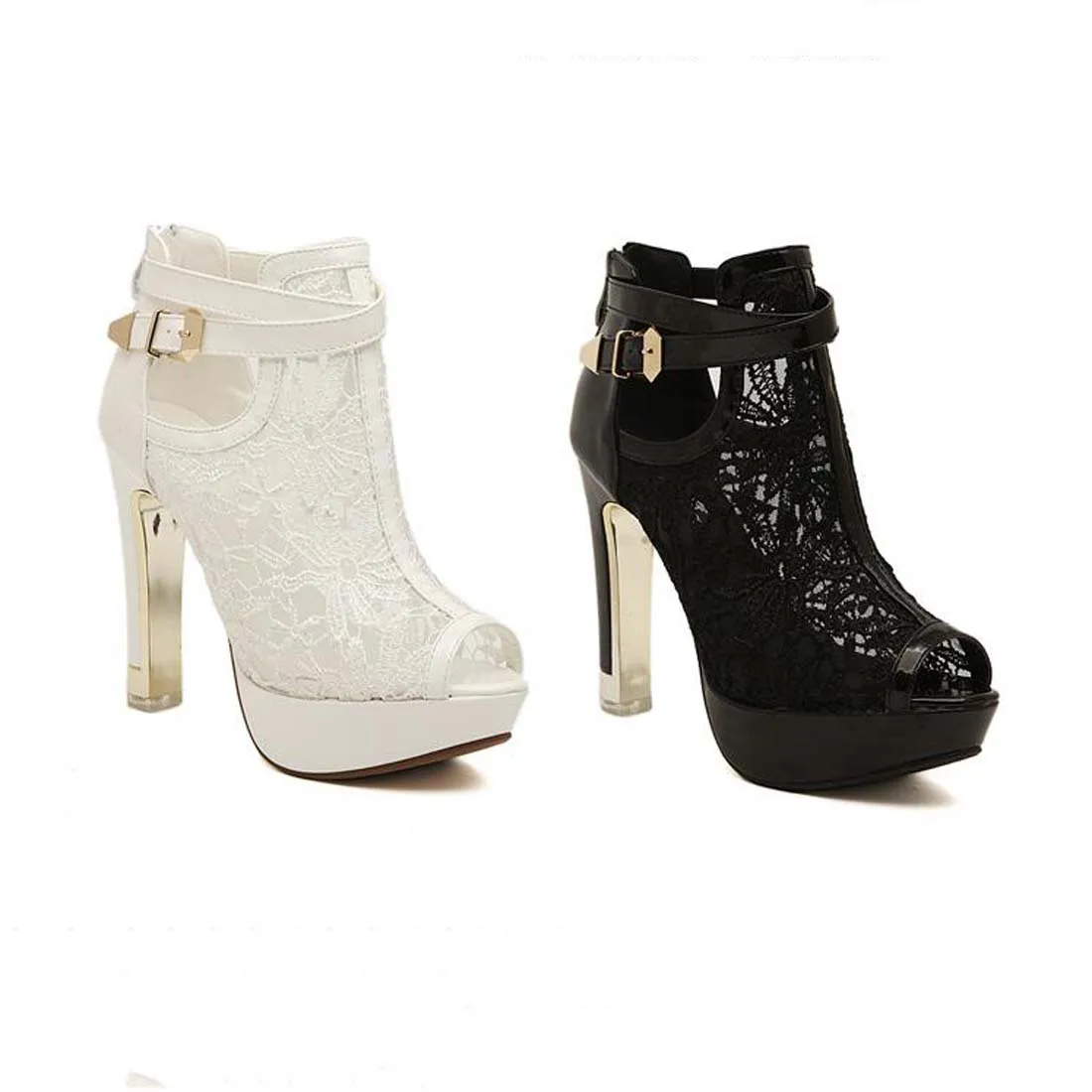 

2017 New Sexy Stiletto Heel Ankle Strap Ankle Boots Zip Platform Hollow out Lace Ankle Strap Buckle High Heel Sandals