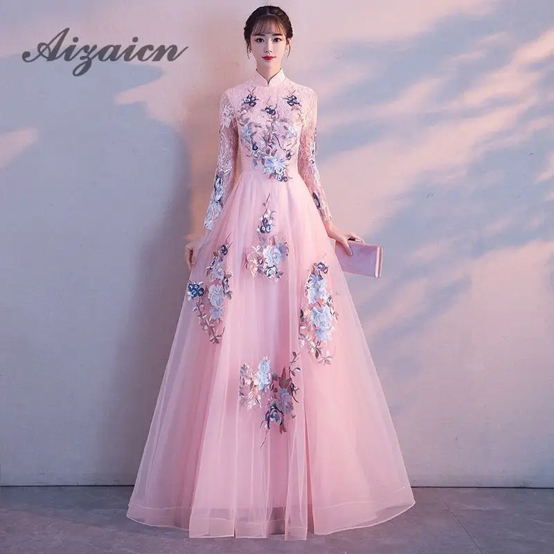 Длинное китайское Восточное вечернее платье Cheongsam с вышивкой элегантные платья