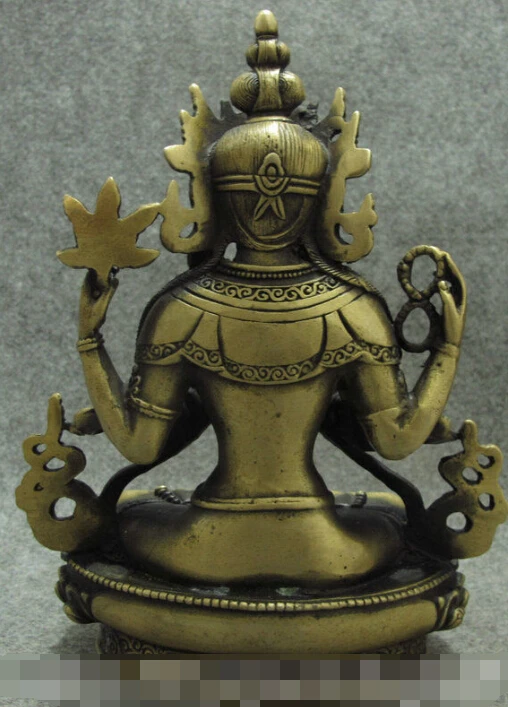 

S0461 8" Chinese Bronze Buddhist 4 Arms Chenrezig Buddha Kwan-yin GuanYin Statue Set
