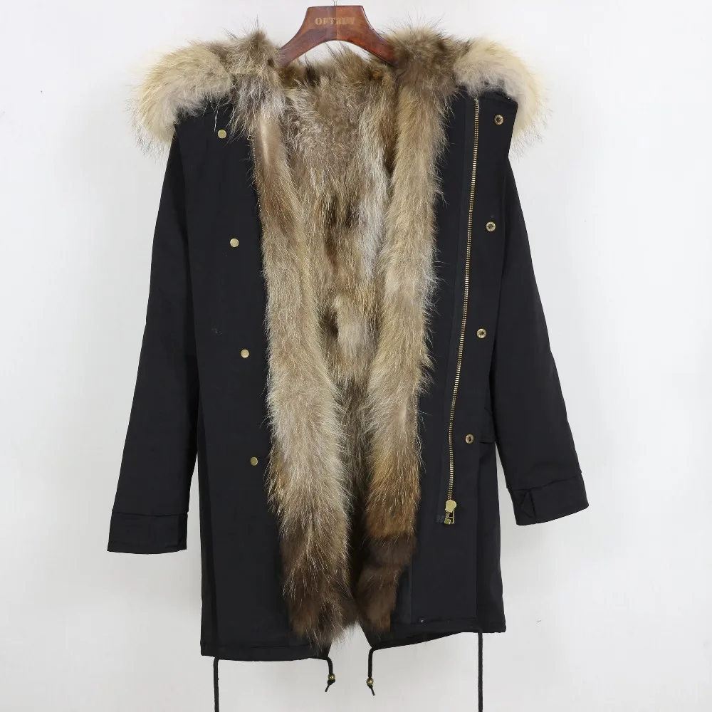 OFTBUY 2018 зимняя куртка Женский черный натуральный мех пальто Длинная парка енота
