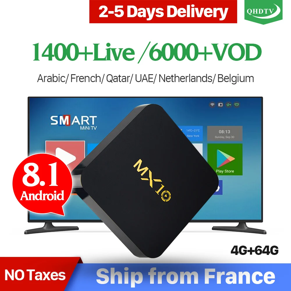 MX10 Arabic France IPTV Subscription 4+64G Android 8.1 RK3328 QHDTV 1 Year IPTV Netherlands Belgium Italian Algeria IP TV Box   