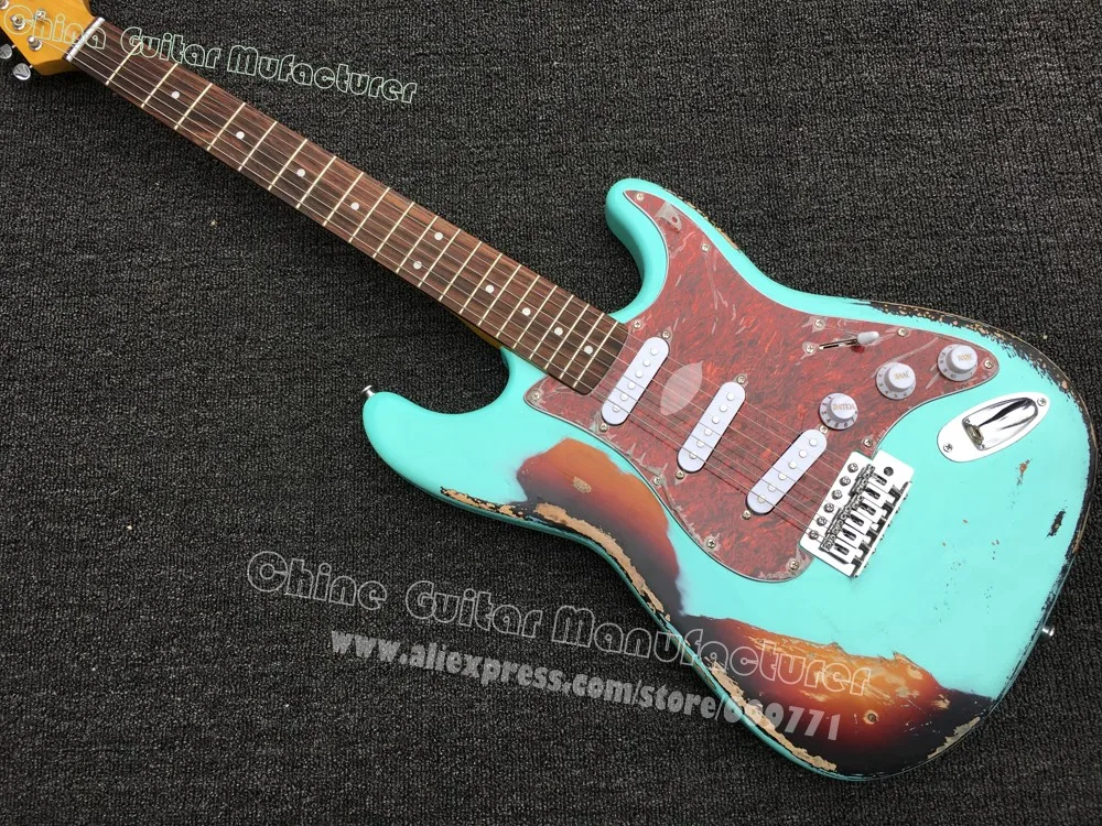 Высокое качество Strat Relic Daphne Blue/sunburst 60 летняя электрогитара тяжелая состаренная