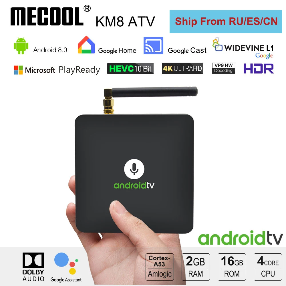 

Mecool KM8 TV Box Android 8.0 Voice Control 2GB 16GB Amlogic S905X 2.4G WiFi HDR 10 H.265 H.264 Support Dolby Sound Google Cast