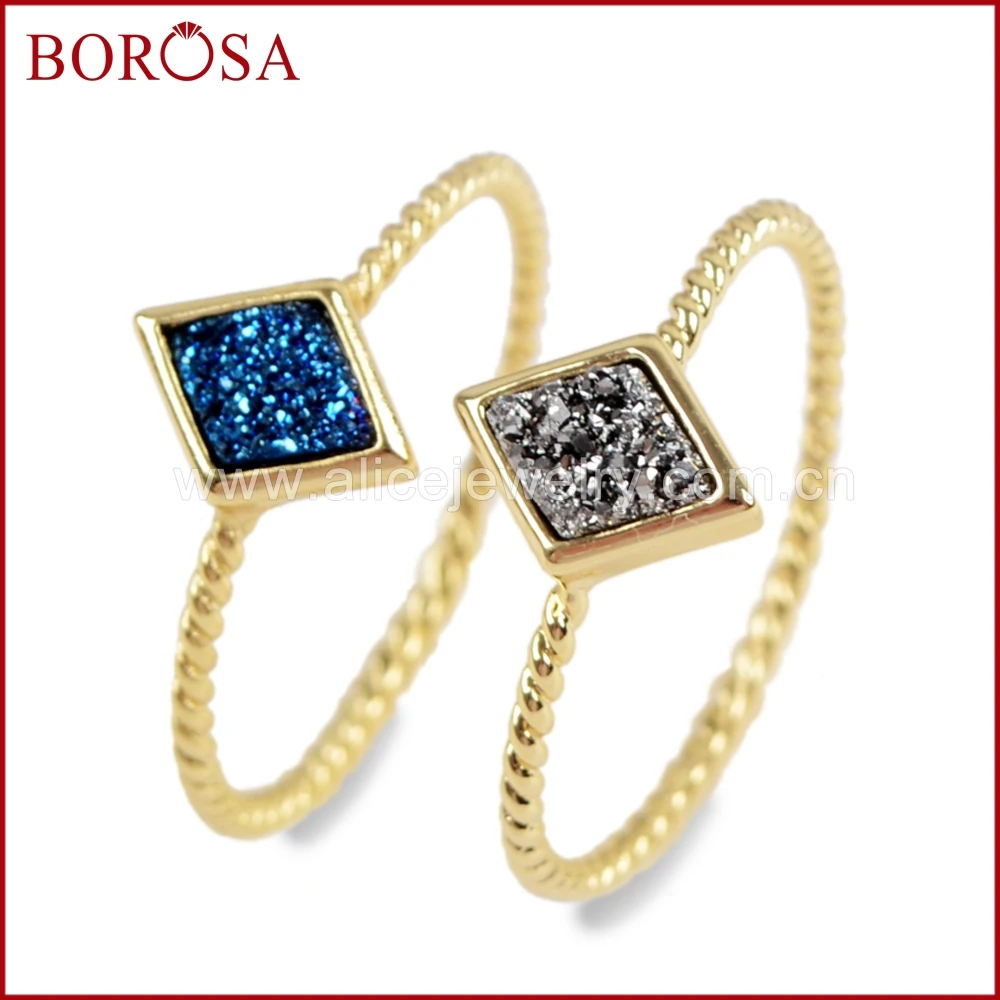 

BOROSA 10PCS Rhombic Gold Color Rainbow Drusy Rings, New Agates Titanium Druzy Bezel Ring Jewelry Mixed Colors for Women ZG0292