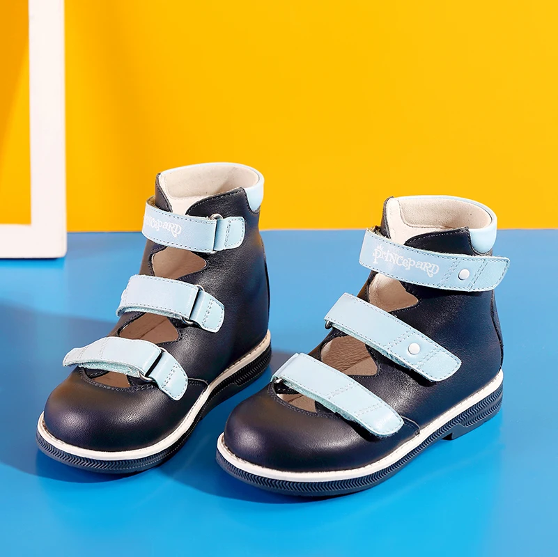 Princepard/летние темно-синие ортопедические туфли для мальчиков; детские сандалии из натуральной кожи с закрытым носком; ортопедические сандалии для детей; 1-я свиная кожа