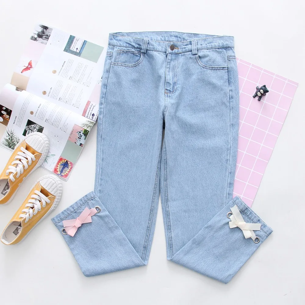

Japanese Kawaii Women High Waist Denim Pants Spring Vintage Slim Bandage Bow Pencil Trousers Cute Preppy Fashion Jeans