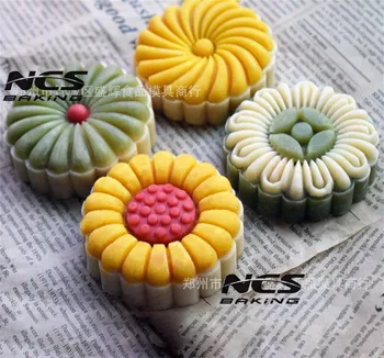 

125g round shape 3D flower design Mooncake mung bean cake Molds mould with 4 Stamps plastic hand pressure , 50sets/lot