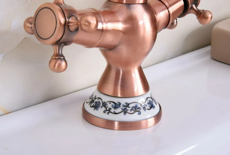 Antique Red Copper Brass Dual Cross Handles Bathroom Kitchen Basin Sink Faucet Mixer Tap Swivel Spout Deck Mounted mnf614