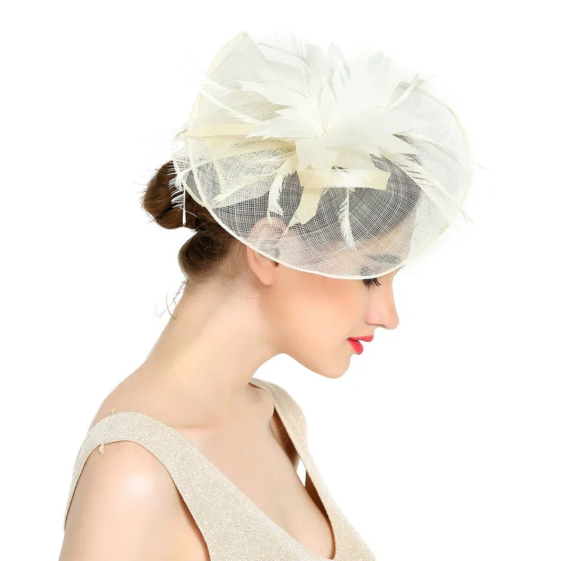 

Women Large Flower Feather Wedding Hat Girl Charming Sinamay Fascinators Design with Special Shape Fashion Headpiece