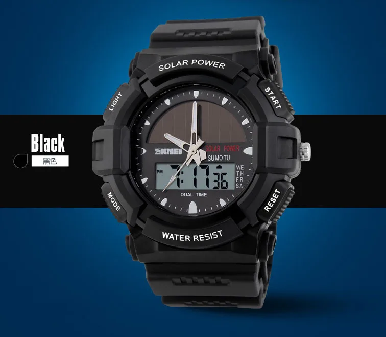 Meilleur SKMEI Marque Solaire d énergie 2 fuseau horaire Montre Étanche 50 m Hommes Sport Montres Numérique Multifonctions Montres Militaires