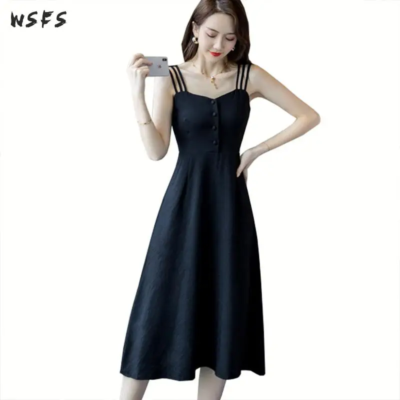 

Summer Black Dresses Spaghetti Strap Vneck Womens Dress Vintage Backless Elegant Casual Ladies Sexy Party Midi Aline Sundress