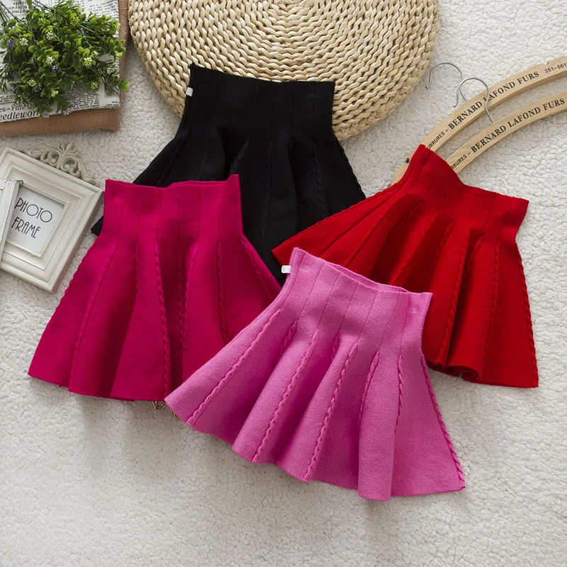 new 2016 spring autumn solid children knitted skirt cute flower pattern