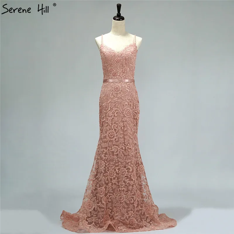

Pink Crystal Pearls Backless Sexy Prom Gowns 2019 Real Photo Tulle Sleeveess Luxury Prom Party Dresses BLA60713