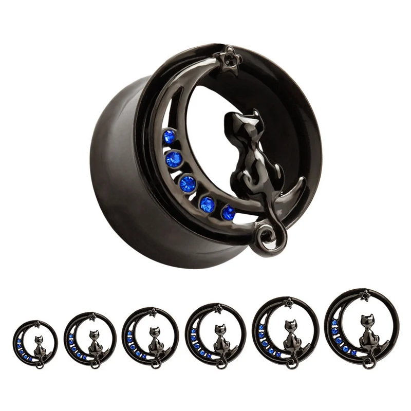 New Arrival 1 Piece Black Ear Piercing Plugs Stainless Steel Rhinestone Ear Expansion Cat Style
