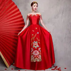 Новинка женский вышивка Cheongsam Традиционный китайский невесты свадебное вечернее платье Классический красный пол длина Qipao Vestidos