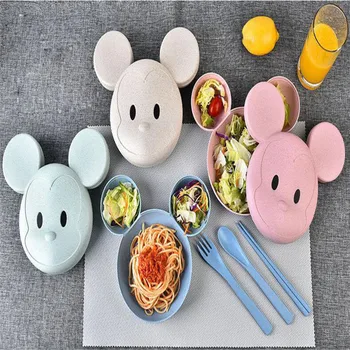 

Cute children lunch box with chopsticks fork spoon tableware set mouse shaped wheat straw fruit dish kitchen supplies free ship