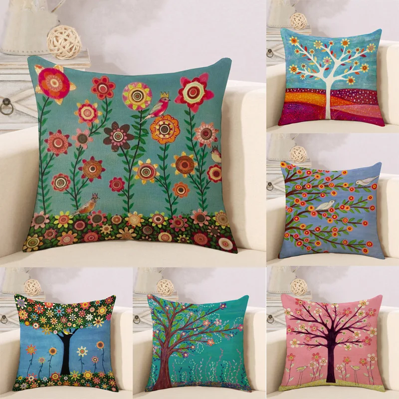 Cotton and Linen Home Sofa Hug Pillowcase Linen Oil Painting Tree Cushions Napping Office Chair Waist Pad Car Seat Cushion