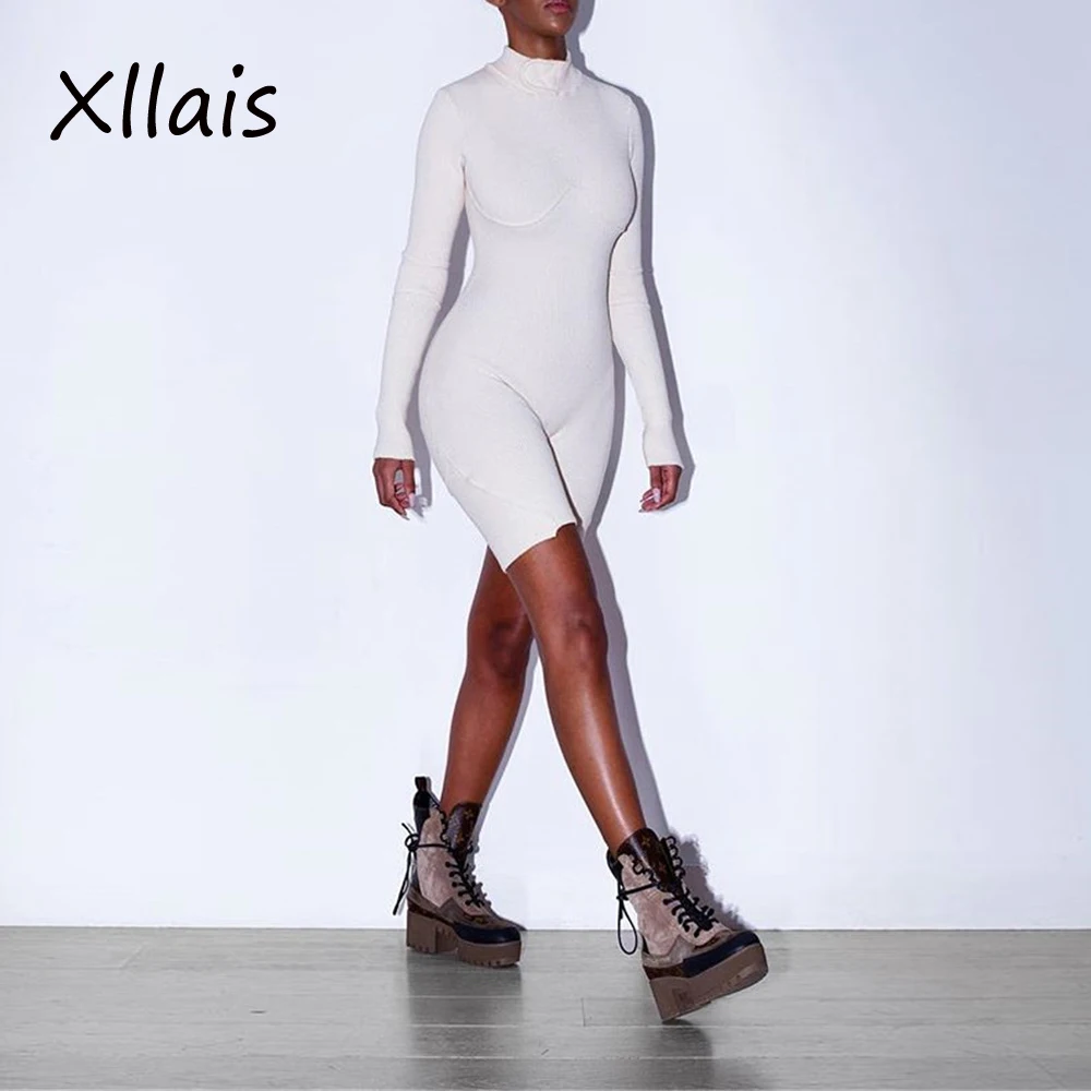 

XLLAIS cotton fabric rompers womens jumpsuit white ribbed combinaison femme long sleeve knitting playsuit 2019 Autumn streetwear