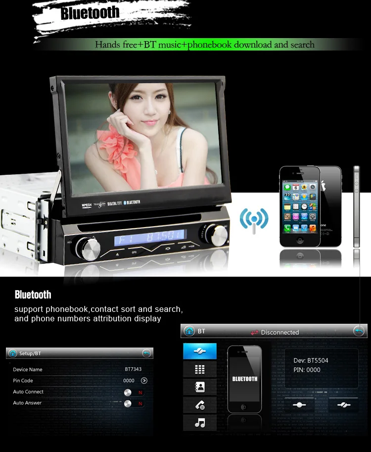 Top 7" Touch Screen 1 Din Car DVD Single Din Car Radio One Din Car GPS Car Recorder Input & Motorized Screen Detachable Front Panel 7