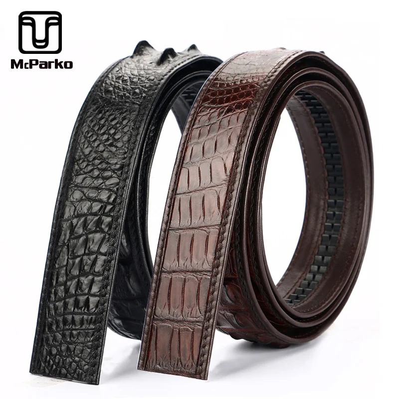 

McParko Automatic belt Luxury genuine alligator leather belt men crocodile waist belt without buckle 3.4cm Jeans Strap Brown New