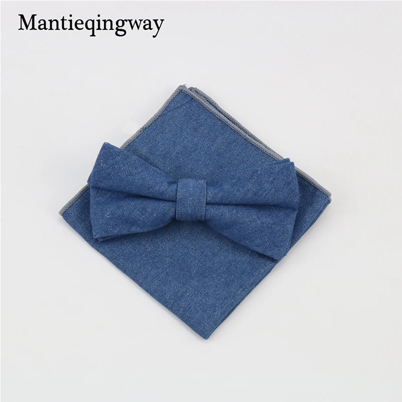 Бренд Mantieqingway бабочку и платки набор Ковбой Стиль Denim & Цветочный хлопок галстук с бантом и карманные площади наборы для для мужчин