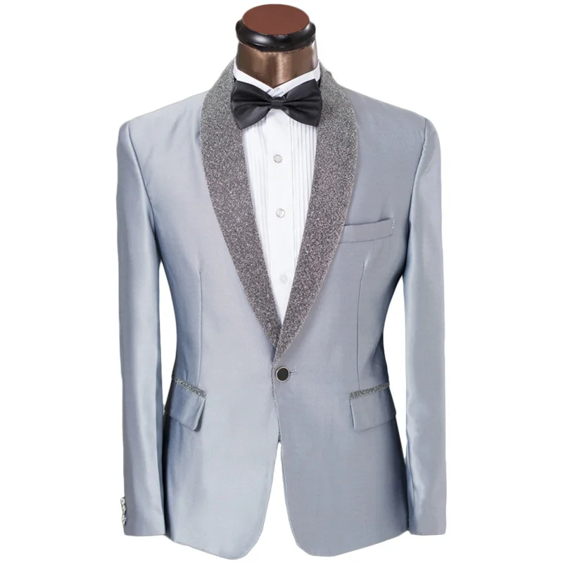 Custom Men Suits Formal Pants For Men Elegant Gray Shinny Silver Lapel ...
