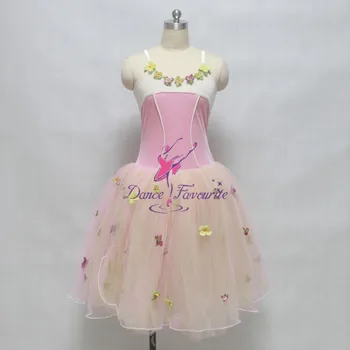 

150556 Pink Velvet Bodice Ballet Tutu, with Small Flowers Decorated in the Tutu, Women Stage Performance Ballet Tutu