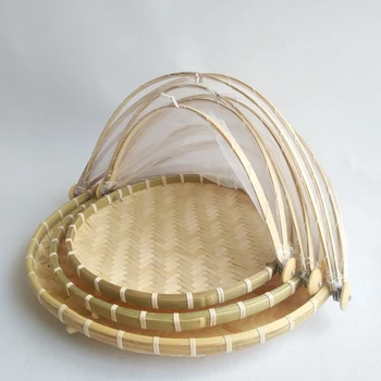 Handmade Bamboo Woven Bug Proof Wicker Basket Dustproof Picnic Fruit Tray Food Bread Dishes Cover With Gauze Panier Osier 3