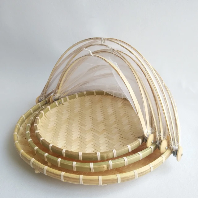 Handmade Bamboo Woven Bug Proof Wicker Basket Dustproof Picnic Fruit Tray Food Bread Dishes Cover With Gauze Panier Osier 3