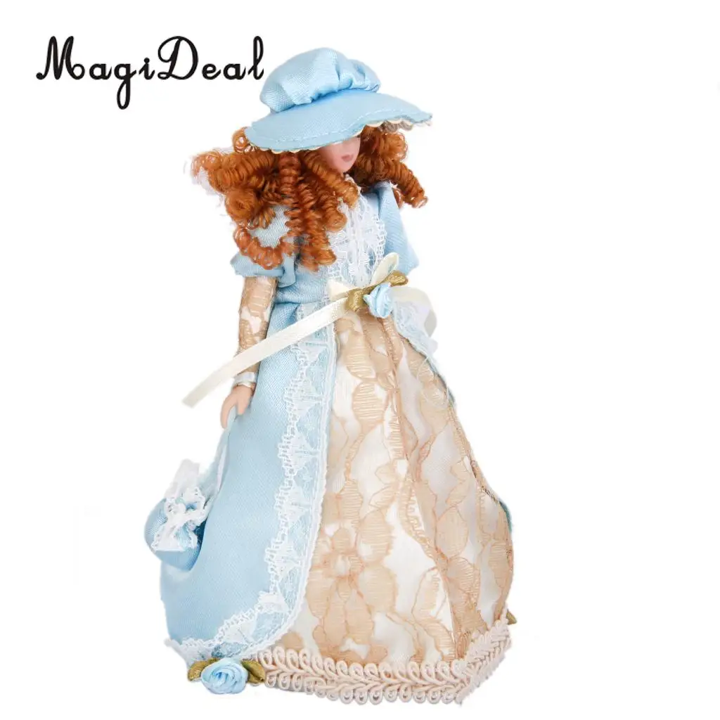 MagiDeal 1Pc 1/12 Dollhouse Miniature Porcelain Dolls Braided Hair Little Servent Girl w Stand for Bedroom Decor Kids Toy 2Kinds