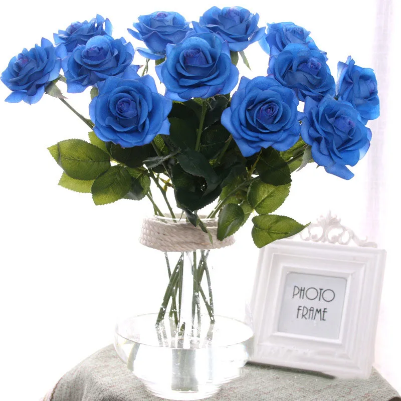 Flone Artificial Silk Really Touch Moisturizing Blue Rose Flower Branch Pink White Red Rose For Wedding Wall Home Decoration Art (29)