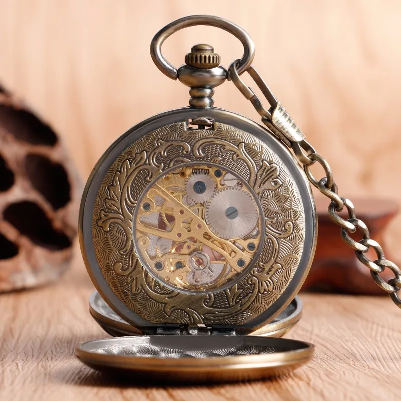 Античный карманные часы Прозрачный стимпанк двойной Открыть Охотник Шестерни Механический ручной взвод fob время часов с цепочкой кулон