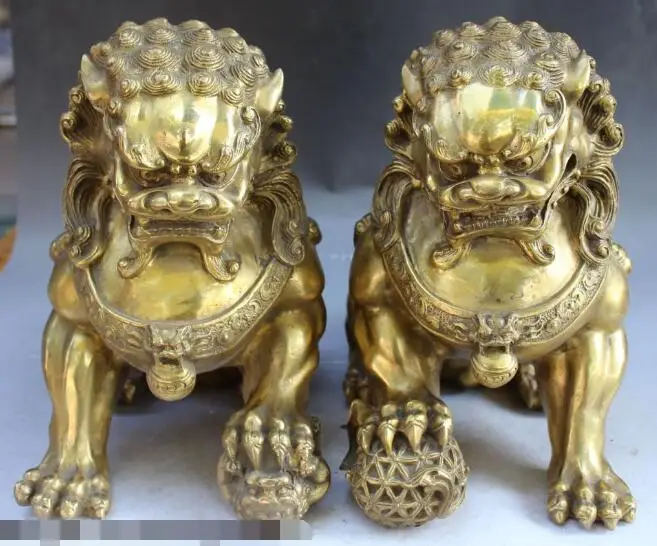 

S01131 12" Folk Chinese Fengshui Bronze Guardian Foo Fu Dog Phylactery Lion Statue Pair