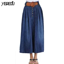 3238 Лето плюс размер юбка с поясом S-5XL длинные плиссированные юбки длинная джинсовая юбка высокая талия широкая Расклешенная юбка