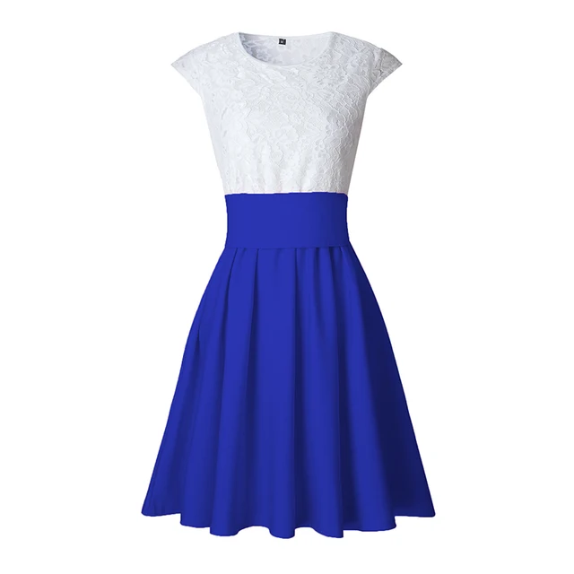 High Waist Short Dress Pleated Dresses Women Short Sleeve Lace O Neck