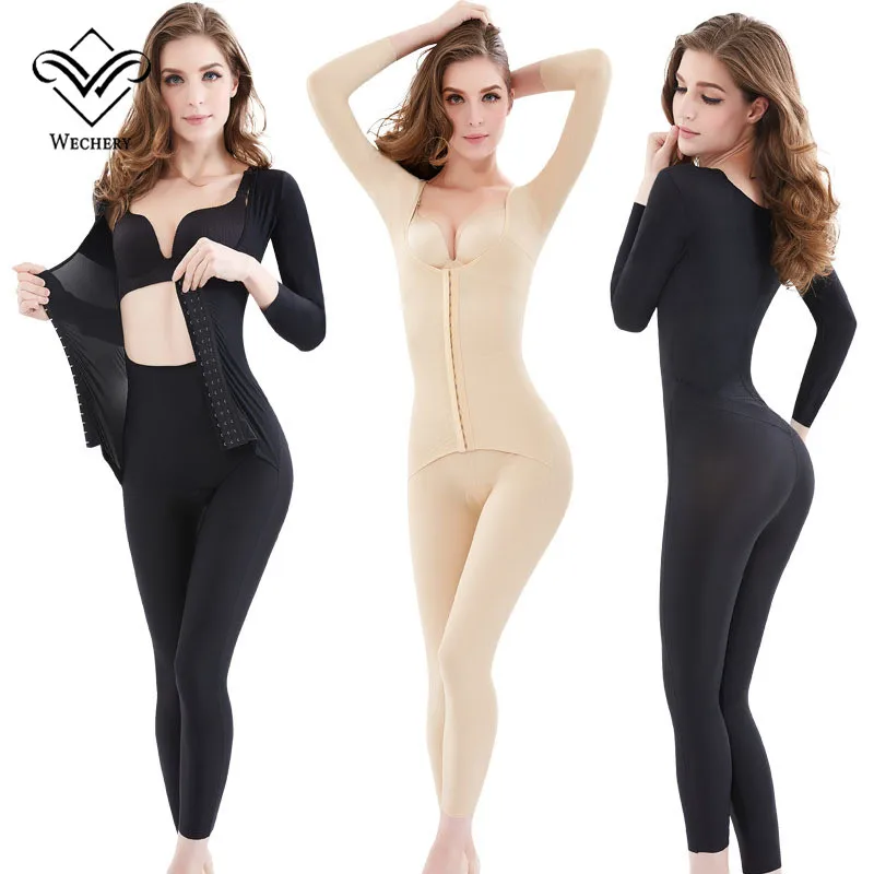 Wechery Body Shaper длинный рукав полная длина Корректирующее Белье Фирма контроль пояс утягивающий глаза и крючок Двухслойное нижнее белье