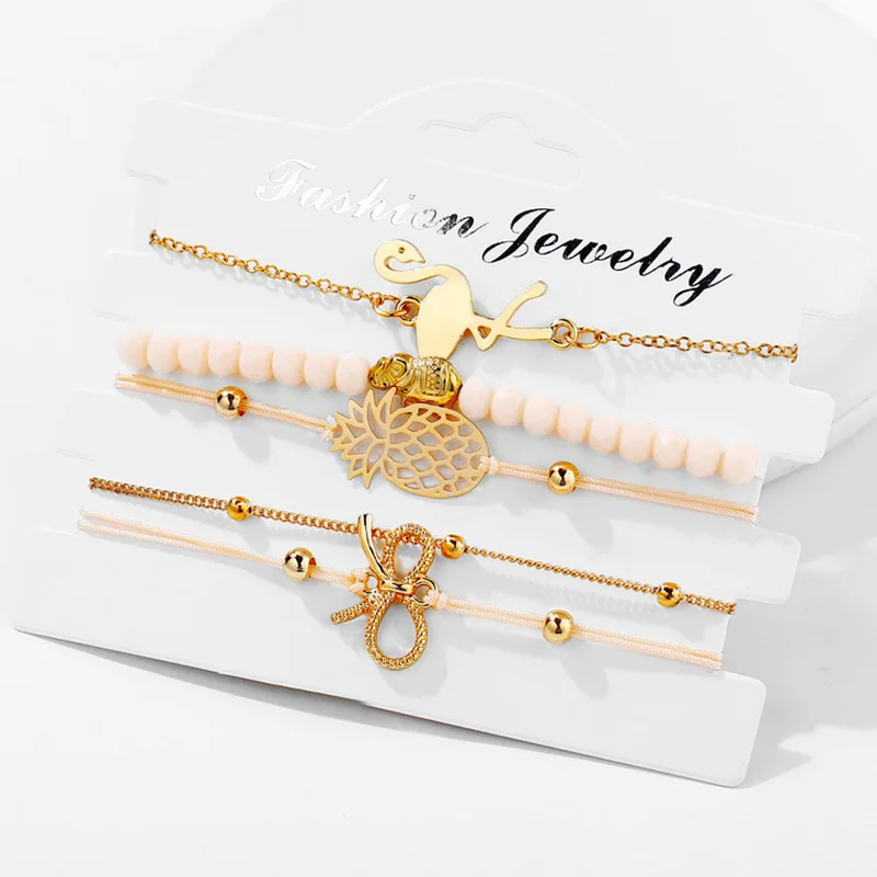 

Gold Color Link Chain Bracelets Flamingo Pineapple Bowknot Elephant Beads Charm Bangles Sets Women Jewelry Accessories 5 pcs