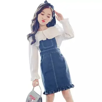 

2019 New Spring Autumn Kids Girl Clothes Sets Teenage Girls White Flare Sleeve Ruffle T-shirts+Denim Strap Skirt Tracksuits L267