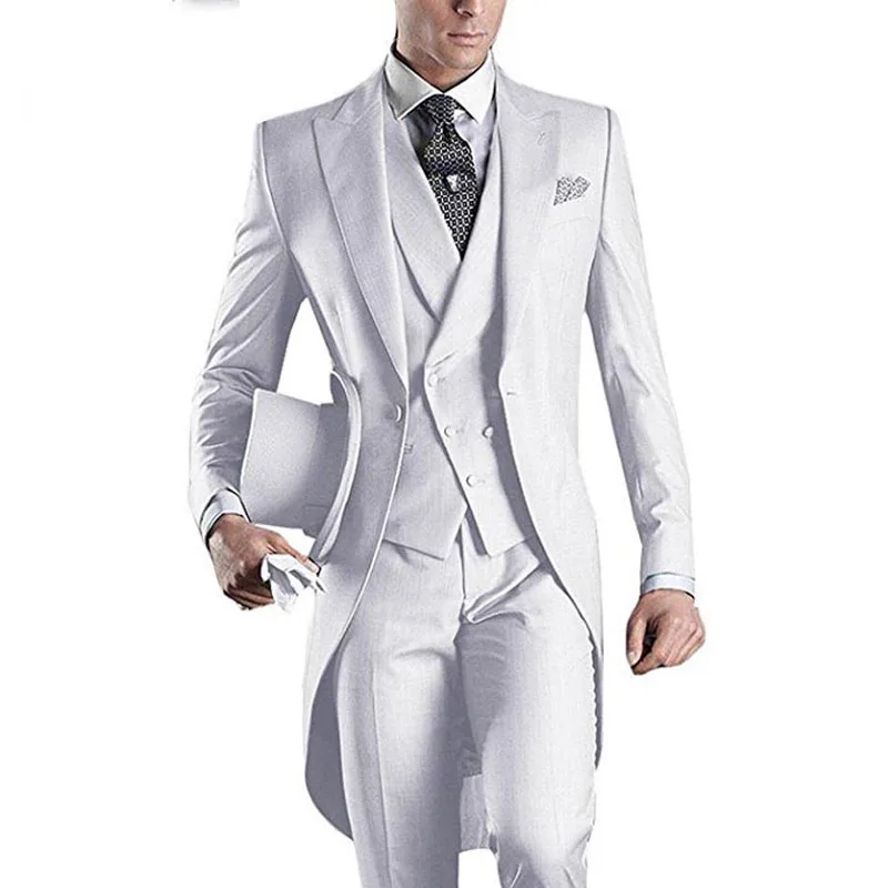 

Retro White Tailcoat Wedding Men Suits Groom Tuxedos 3Piece Long Jacket Men's Classic Suit Costume Homme Mariage Terno Masculino