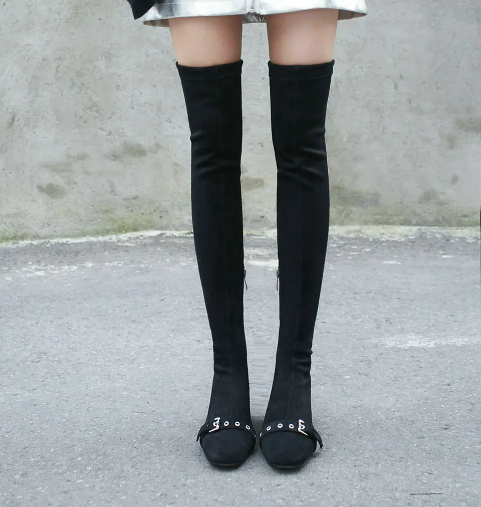 EshtonShero Over The Knee Boots Shoes Women Square High Heel Buckle Elastic Band Fashion Woman Ladies Motorcycle Boots Size 3-11