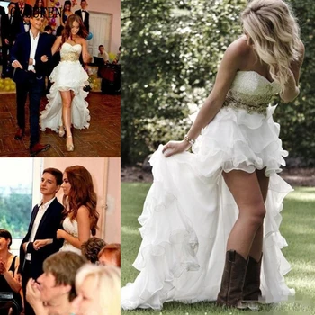

Rustic Wedding Dresses 2019 Asymmetrical Hi-Lo Tiered Hippie Gold Appliques vestido de novia robe mariage Country Bridal Gowns