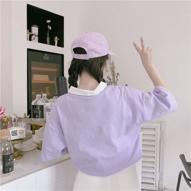 Женская футболка с карманом Kawaii Повседневная Свободная отложным воротником в