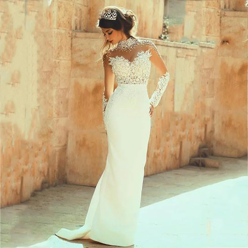 

Backless Vestido De Noiva 2019 Wedding Dresses Mermaid Long Sleeves Satin Lace Beaded Boho Dubai Arabic Wedding Gown Bridal