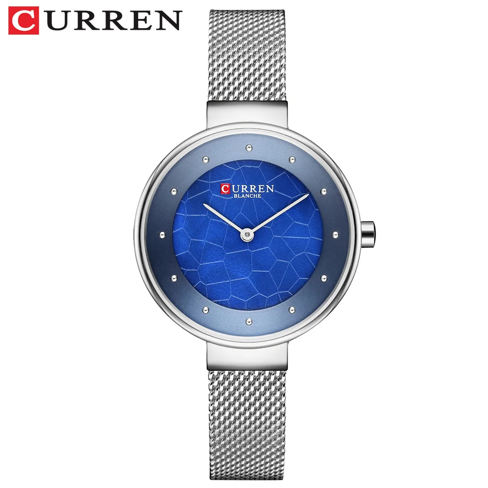 Творческий циферблат часы для женщин кварцевые часы CURREN сталь сетки наручные женское платье браслет женский Баян коль saati - Цвет: silver blue
