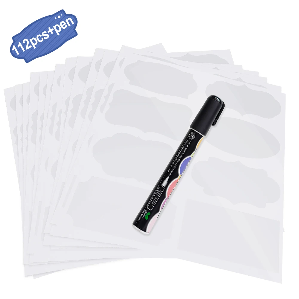 

Oozmas Chalkboard Labels 112pcs/set Waterproof Transparent Blackboards Sticker 9X5cm with Ink Pen Reusable Blackboard Vinyl Set