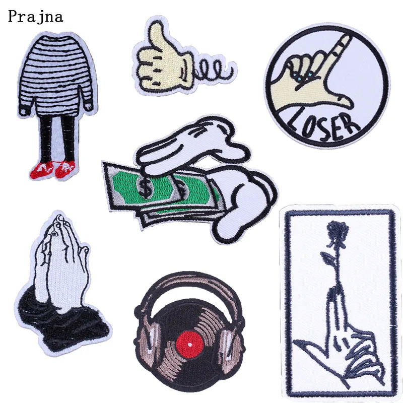 

Prajna Hand Money Patches Embroidery Sewing Iron-on Patches for Clothes Badge Headset Finger Black and White Applique AccessoryF