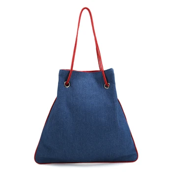 

CHALLEN Women Denim Drawstring Shoulder Bag Casual Cowboy Shopping Handbag Dark Blue String Bucket Tote Lady Vintage Handbags