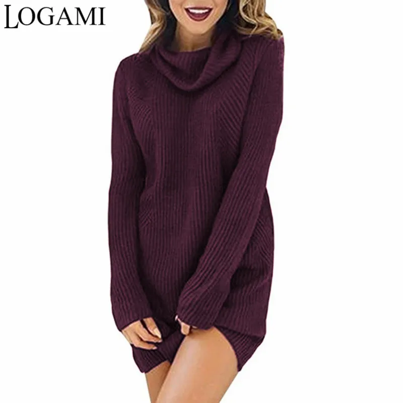 LOGAMI Long Knitted Sweater Dress Women Long Sleeve Loose Autumn Winter Turtleneck Pullovers Female Sweaters