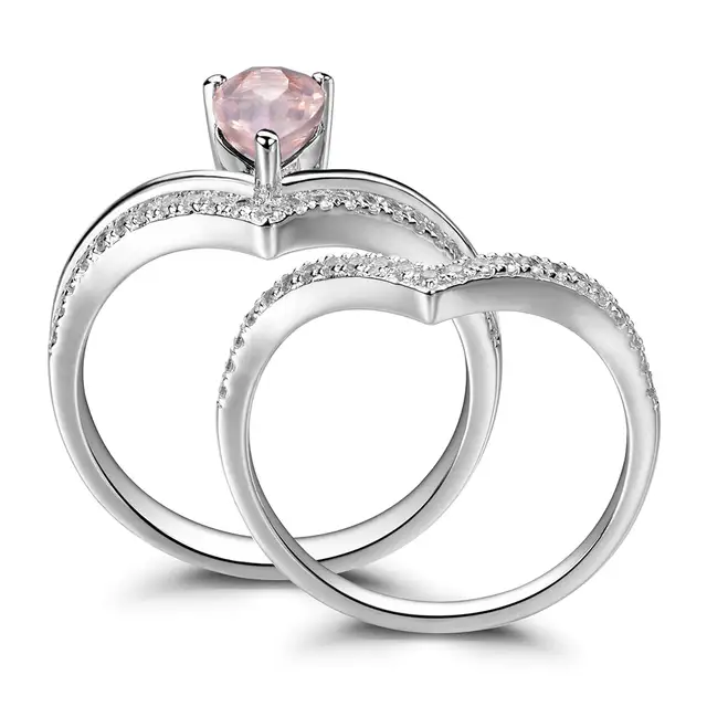 Leige Jewelry Wedding Rings Set Natural Pink Quartz Double Band